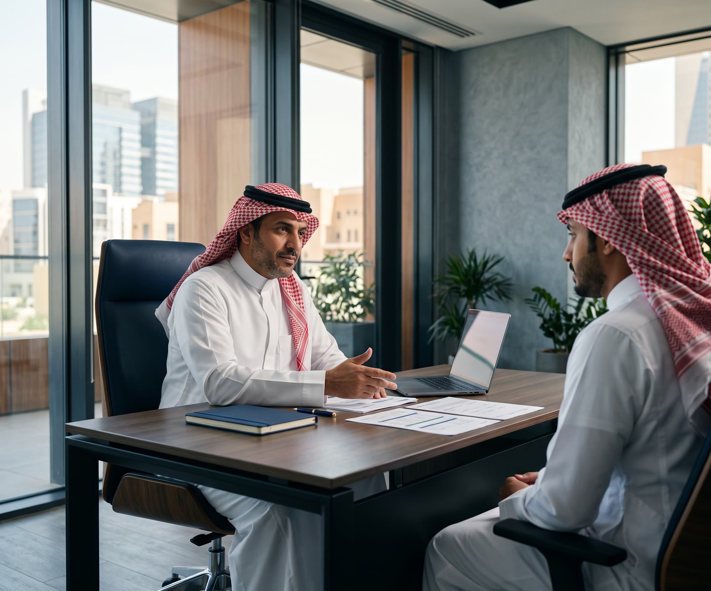 صاحبا أعمال يتابعان العمل في مكتب سعودي
